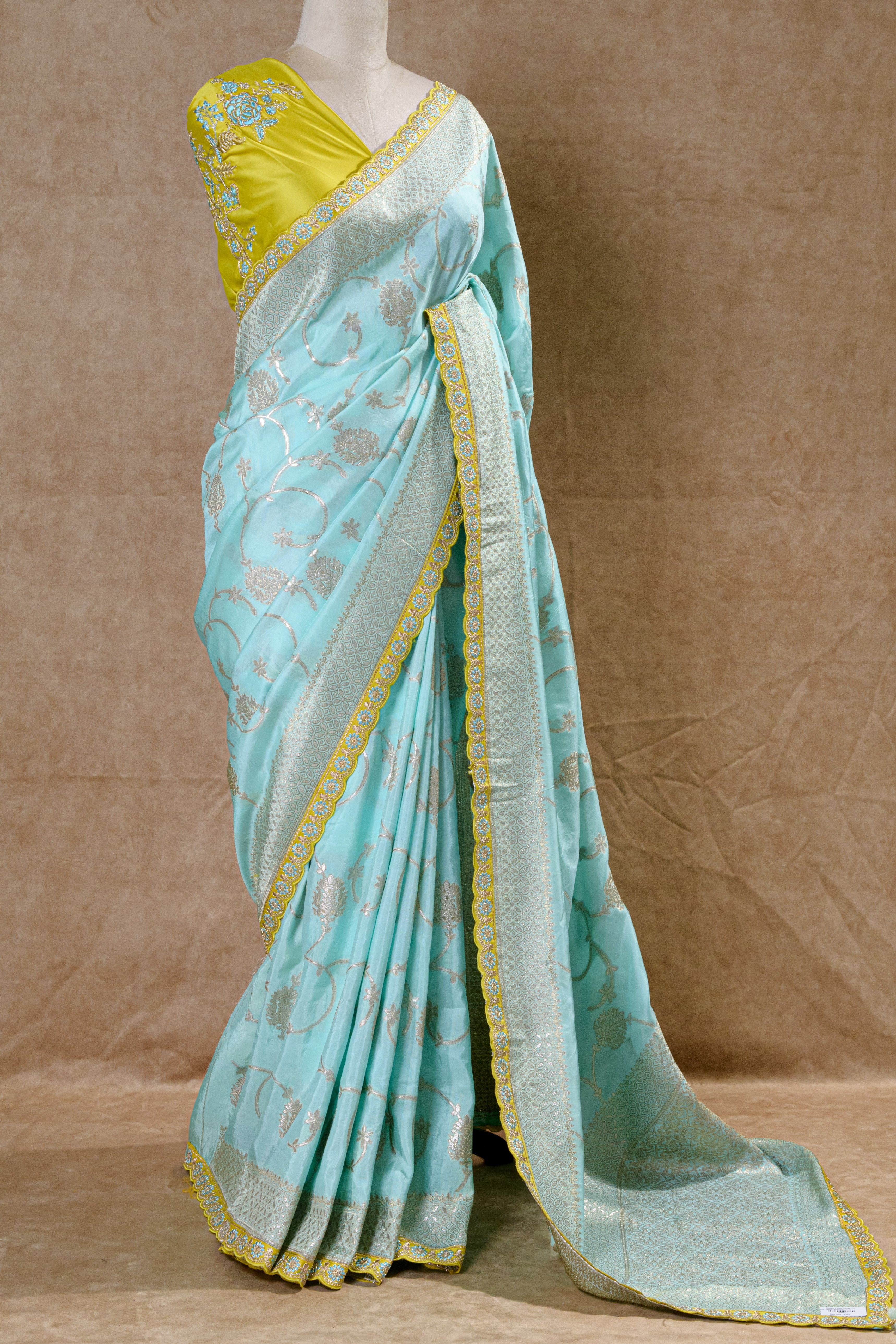 Pista Mint Designer Silk Saree with Silver-Golden Zari and Mirror Work