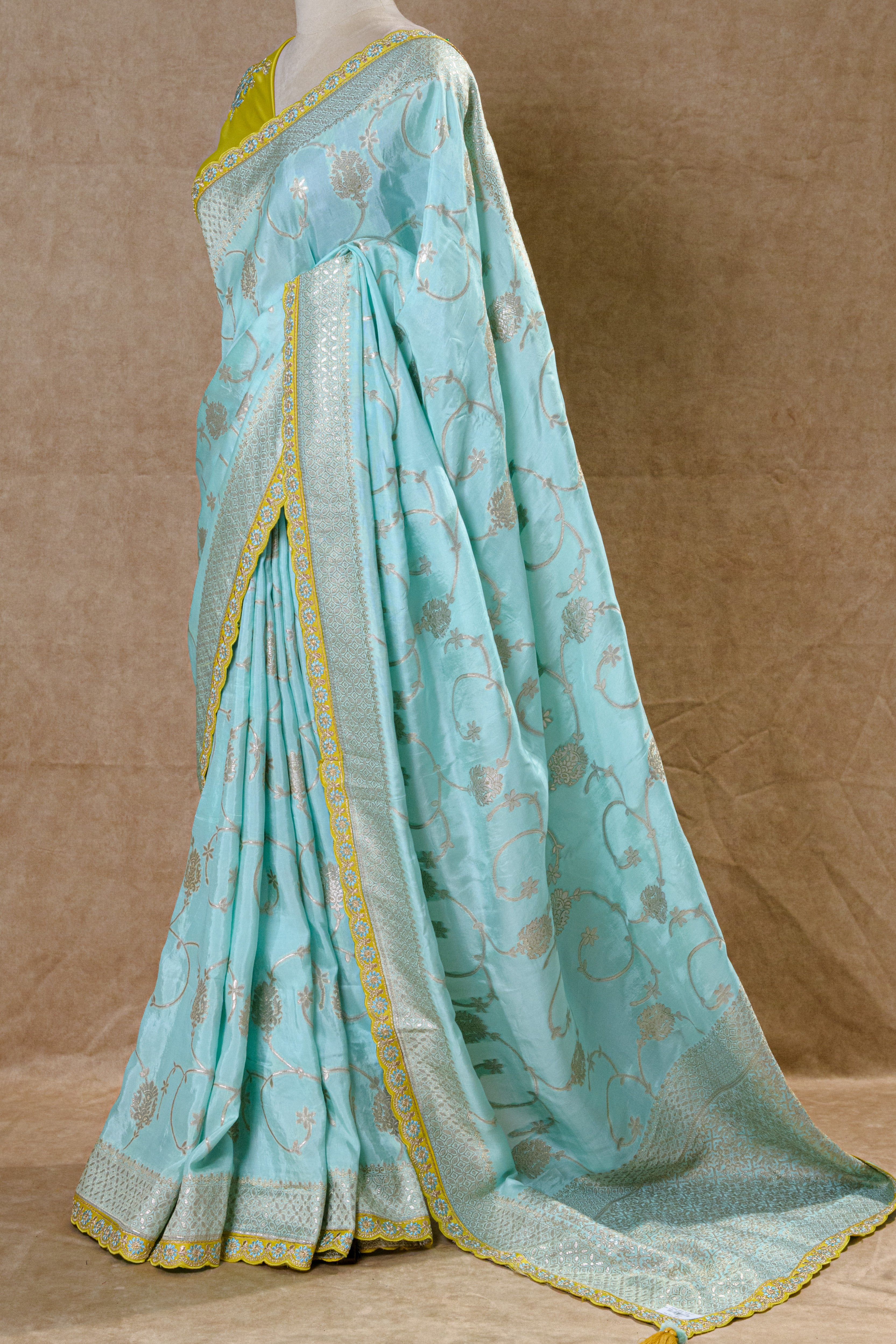 Pista Mint Designer Silk Saree with Silver-Golden Zari and Mirror Work