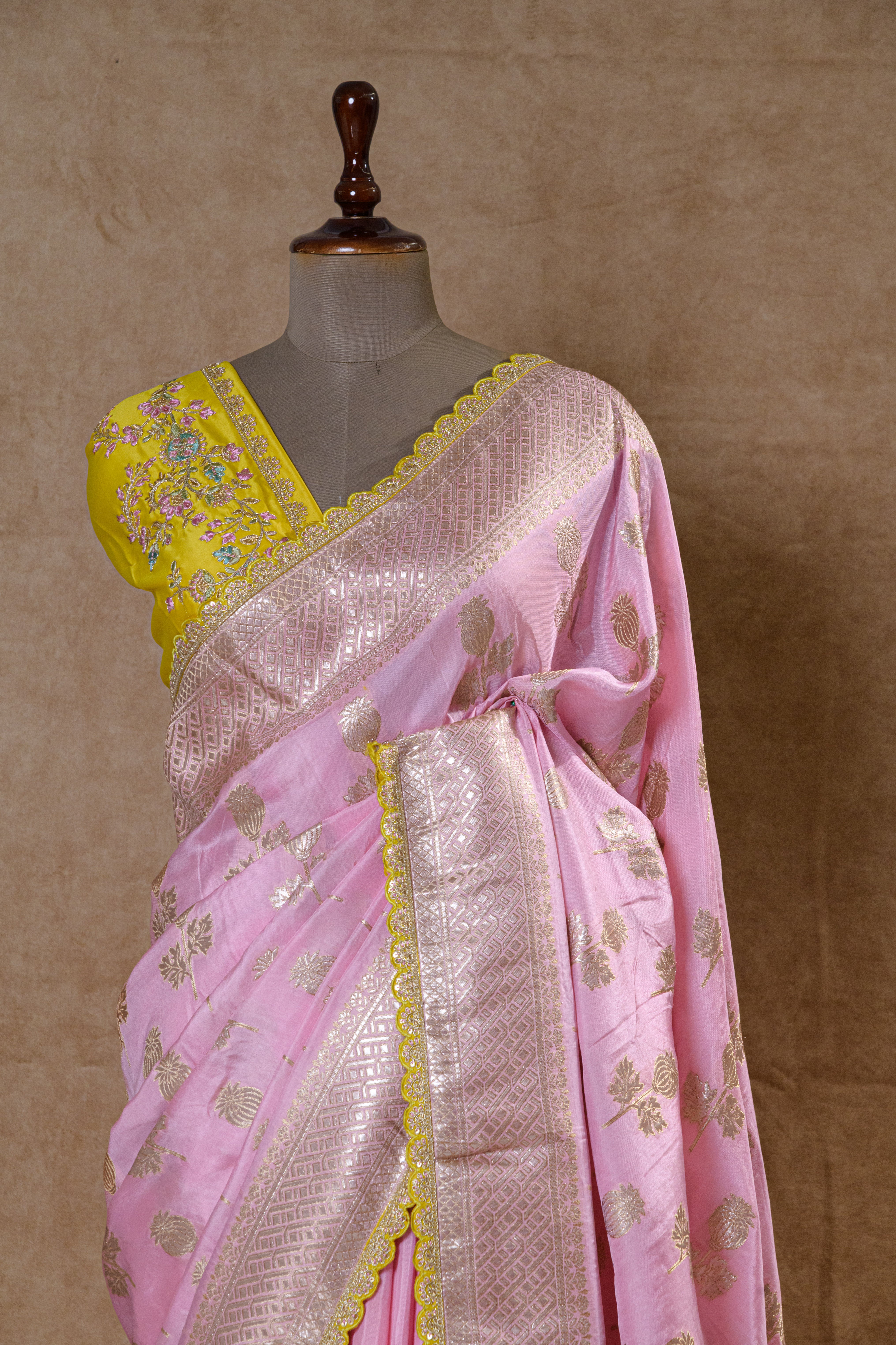 Baby Pink Crepe Silk Designer Saree with Yellow Embroidered Border and Mirror Zari Work