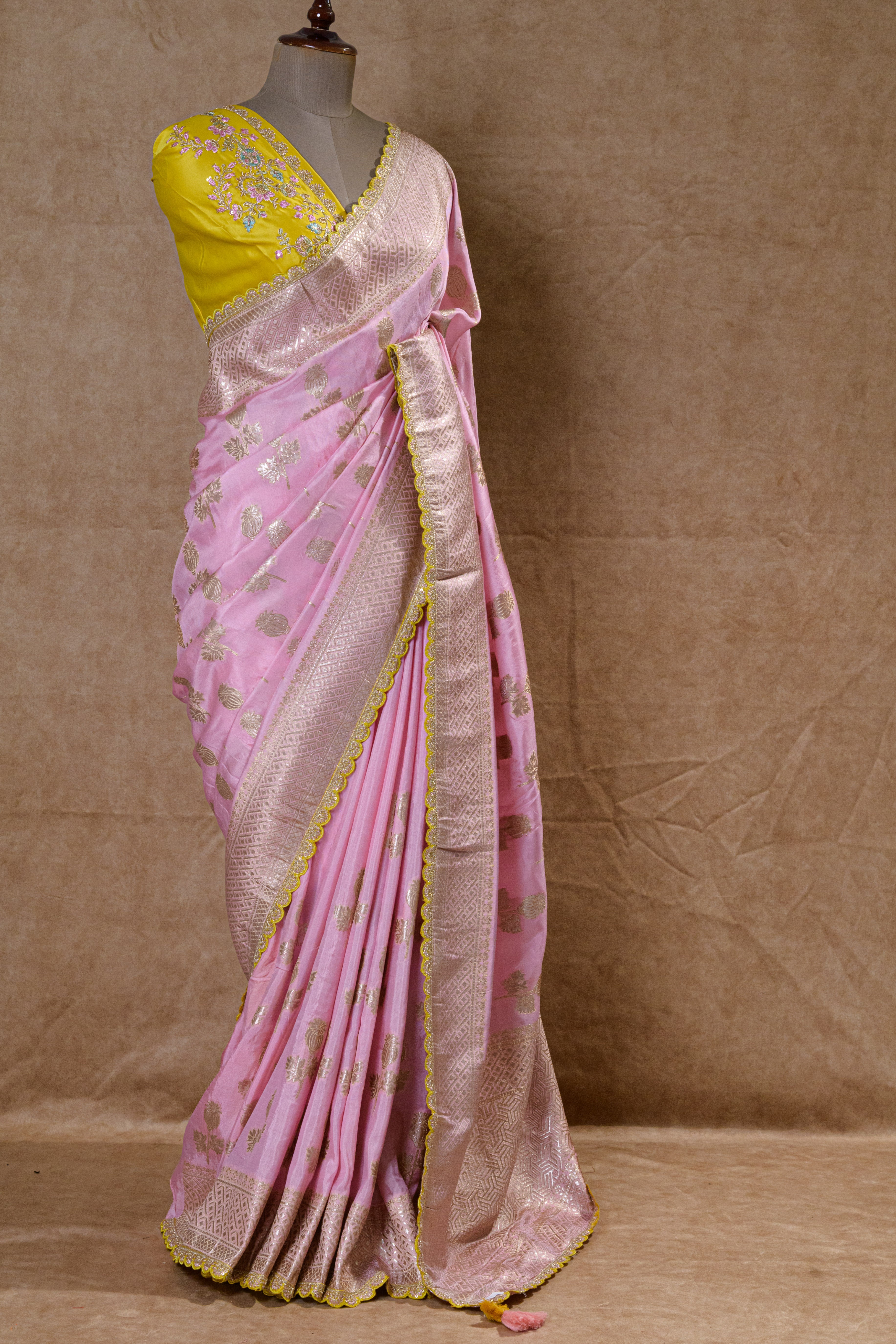 Baby Pink Crepe Silk Designer Saree with Yellow Embroidered Border and Mirror Zari Work