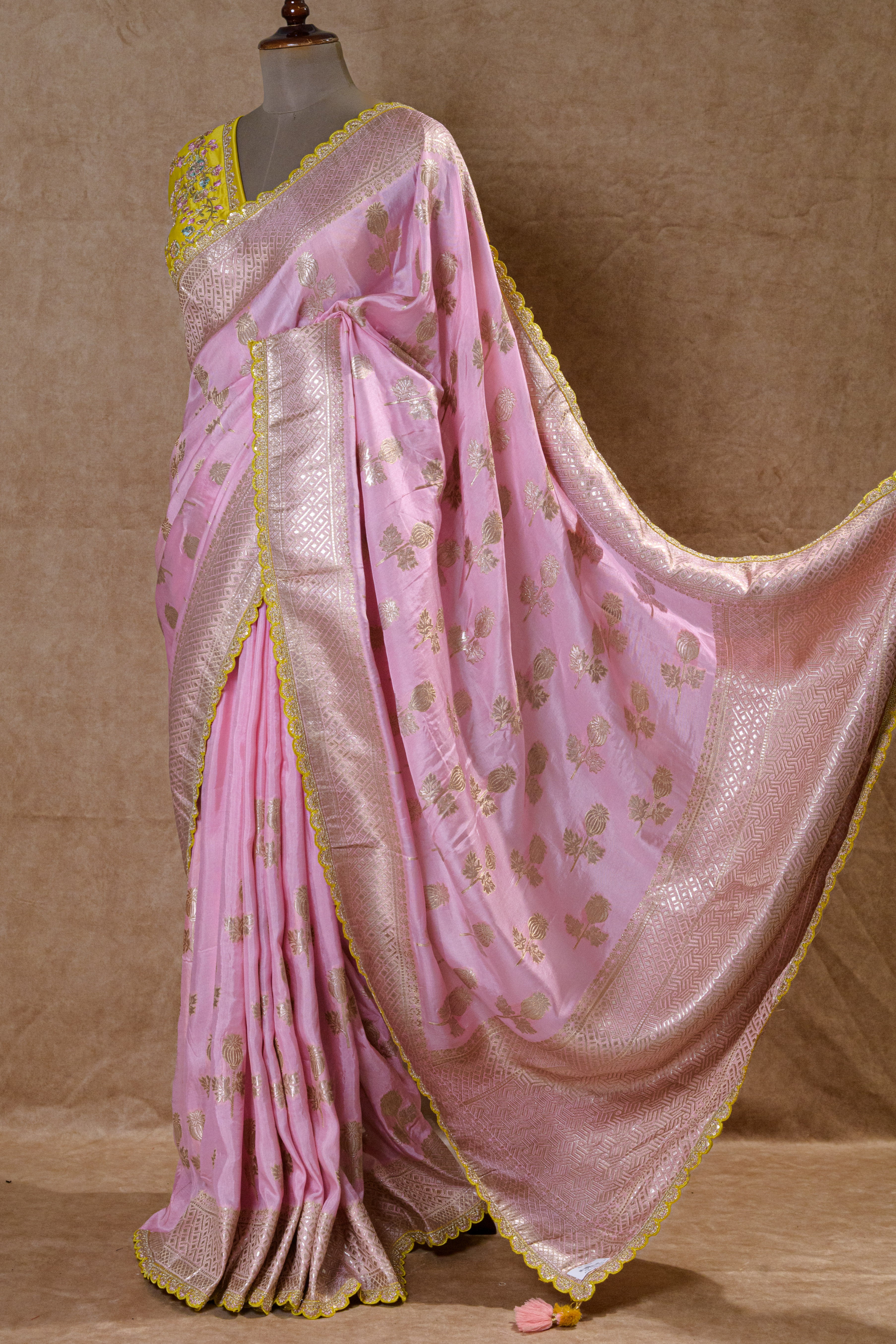 Baby Pink Crepe Silk Designer Saree with Yellow Embroidered Border and Mirror Zari Work