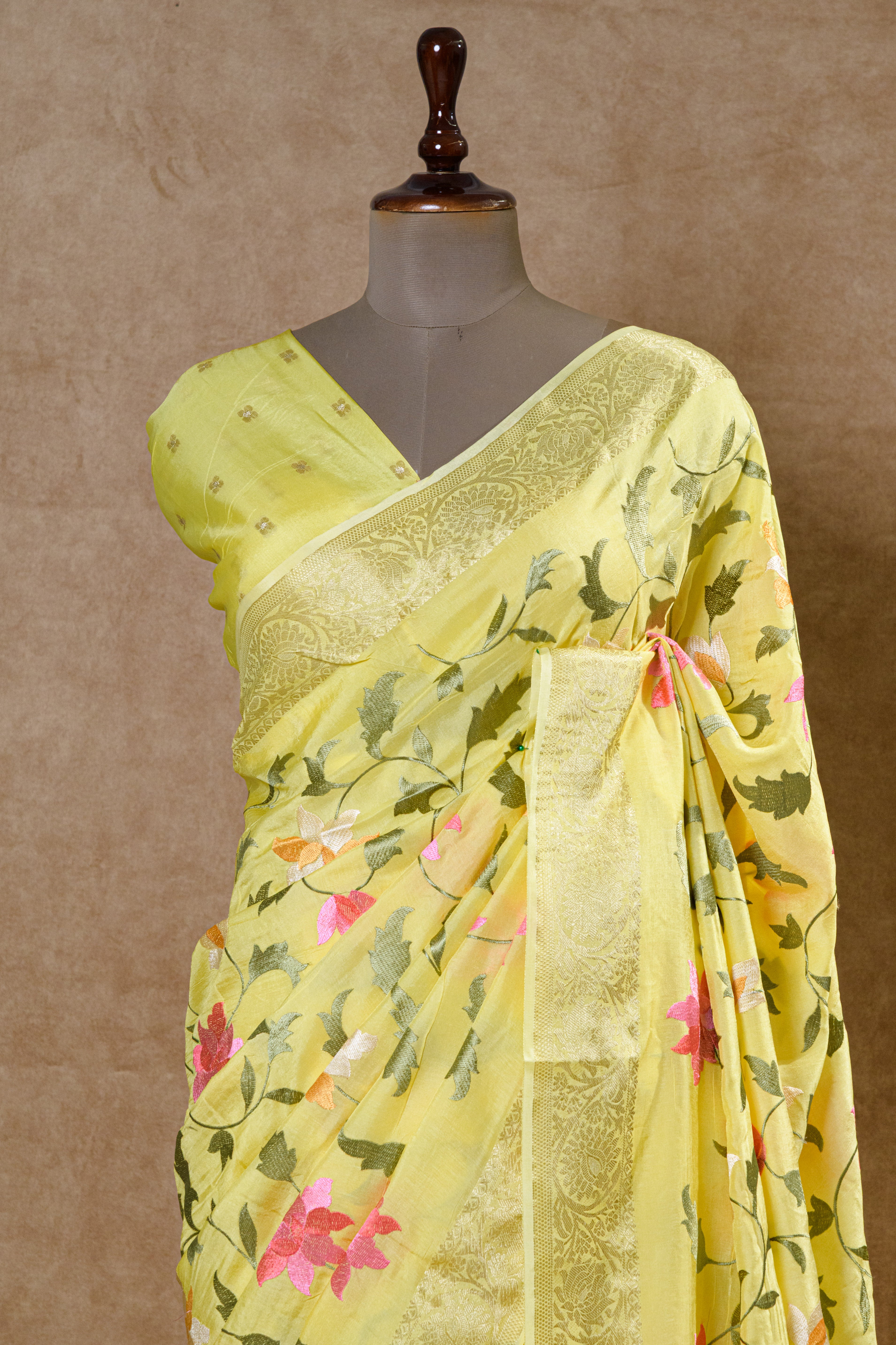Yellow Chanderi Silk Saree with Light Gold Zari Border and Resham Embroidery