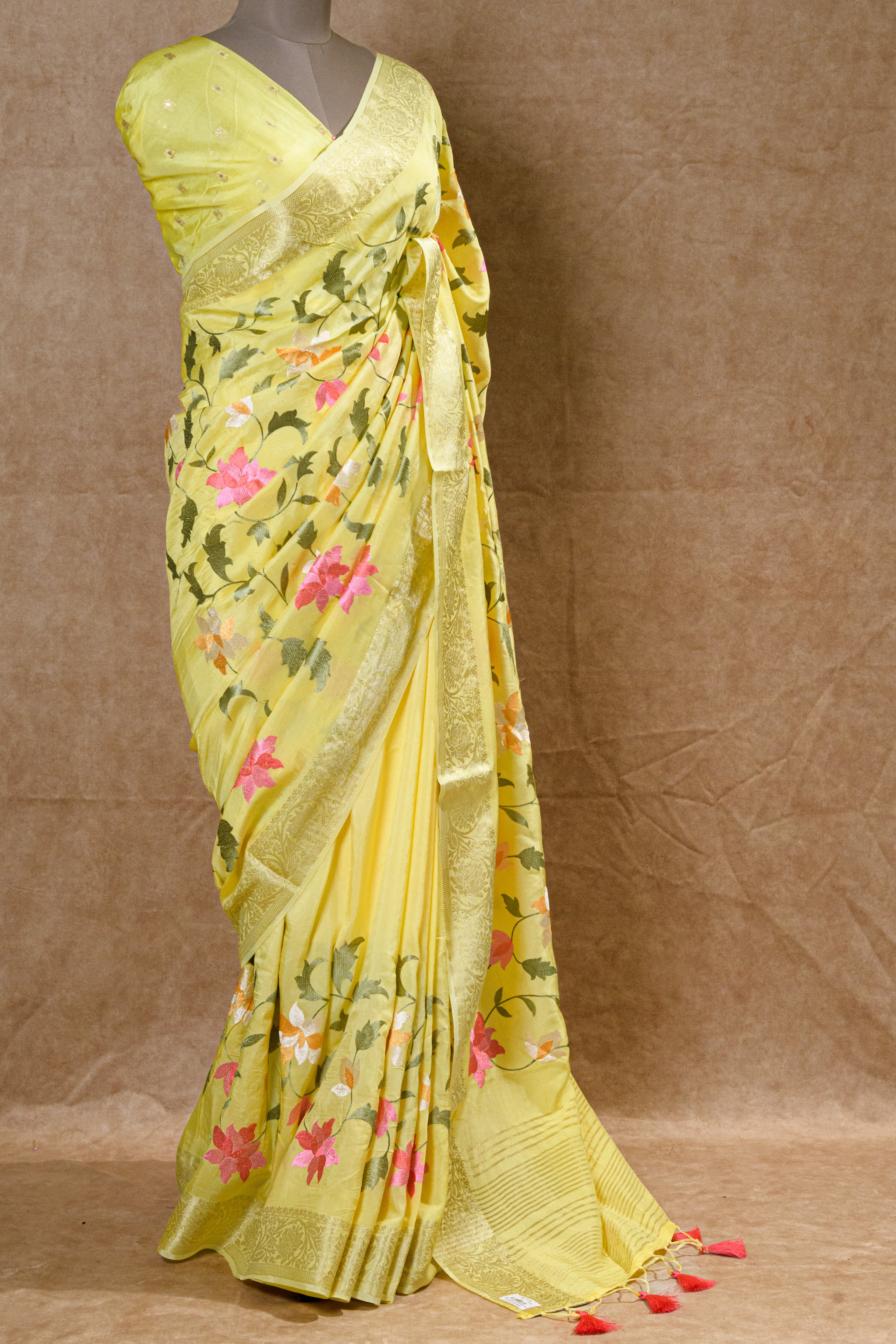 Yellow Chanderi Silk Saree with Light Gold Zari Border and Resham Embroidery
