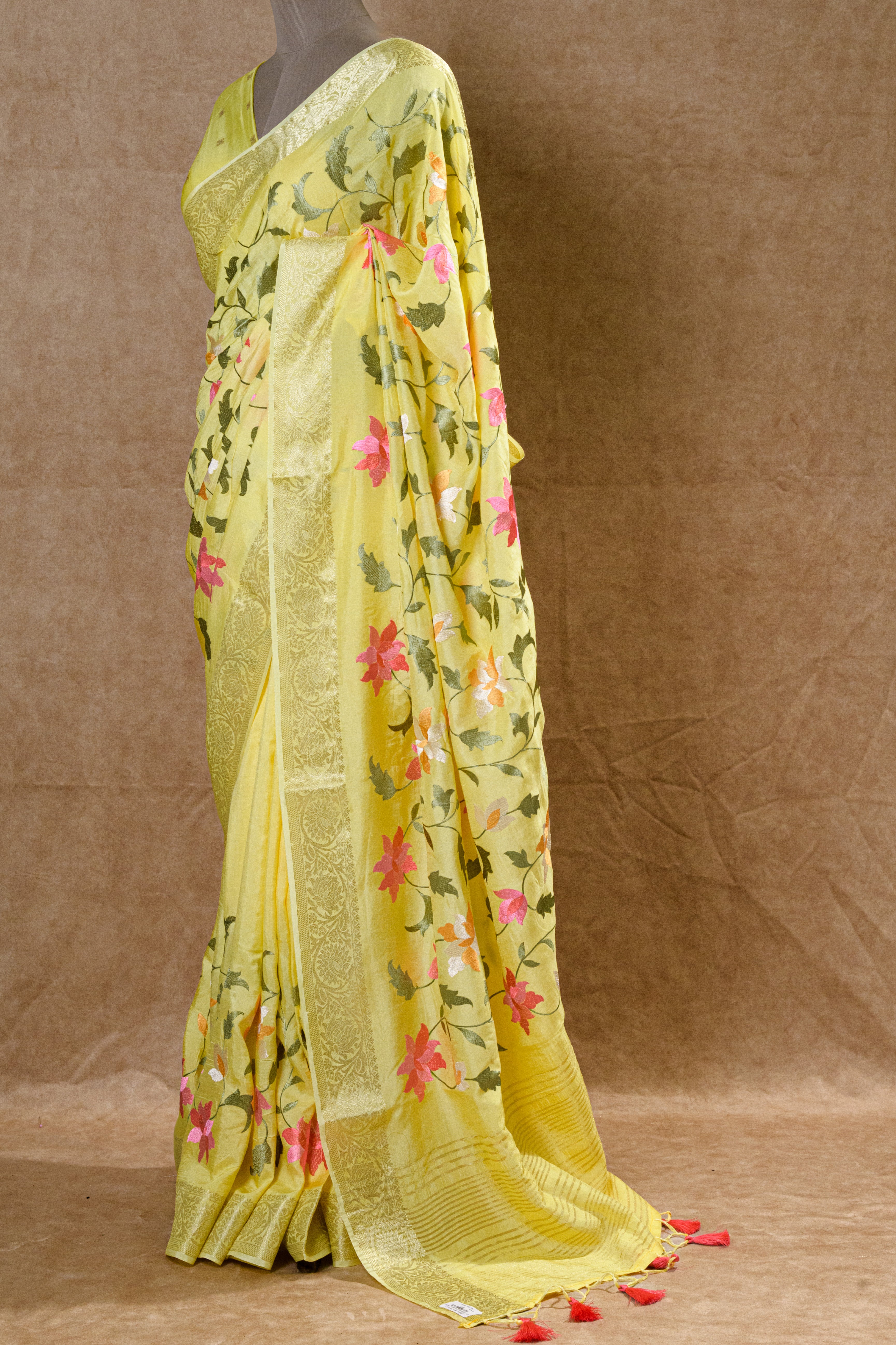 Yellow Chanderi Silk Saree with Light Gold Zari Border and Resham Embroidery