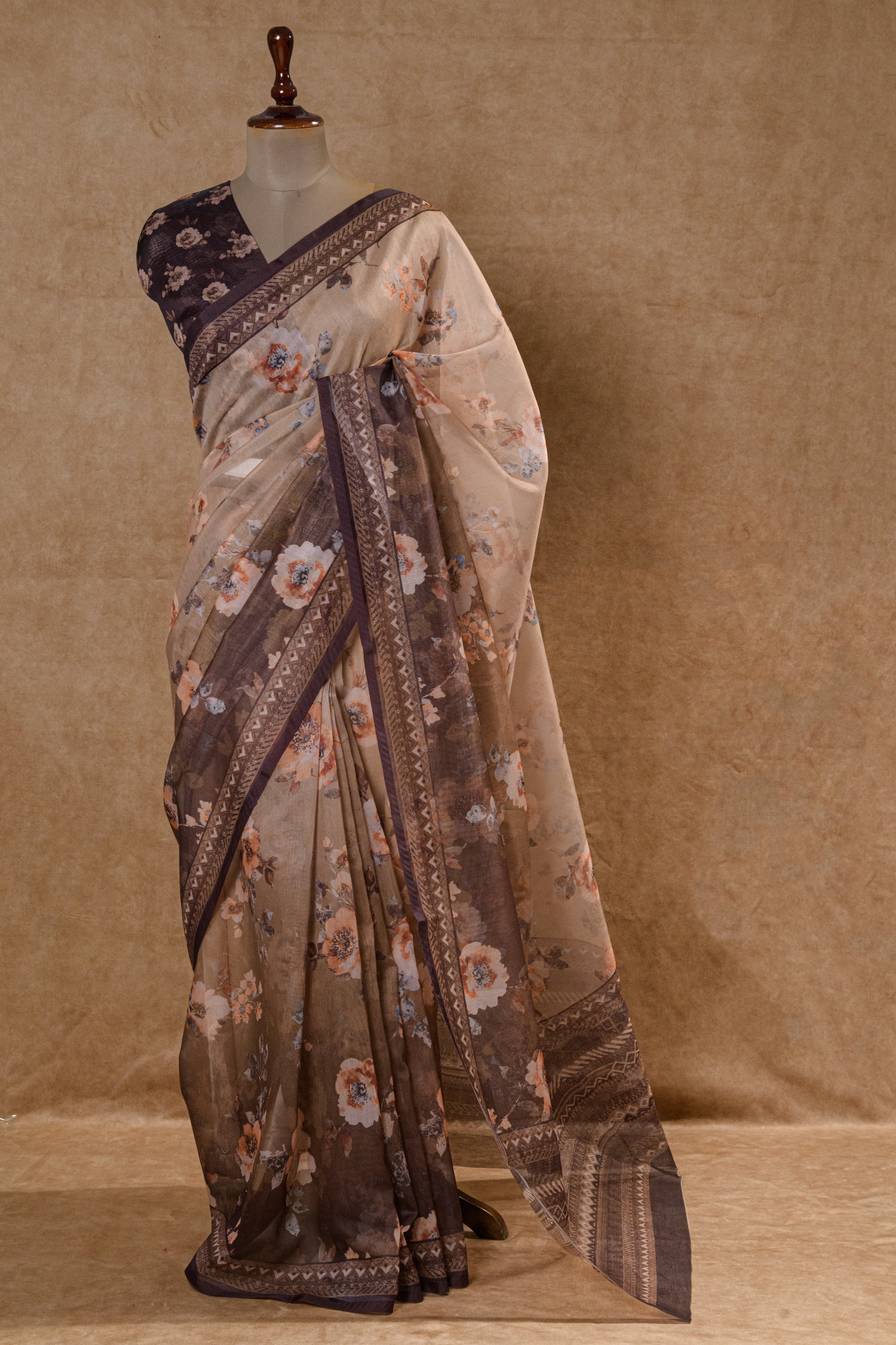 Brown Super Net Saree with Floral Blouse Piece