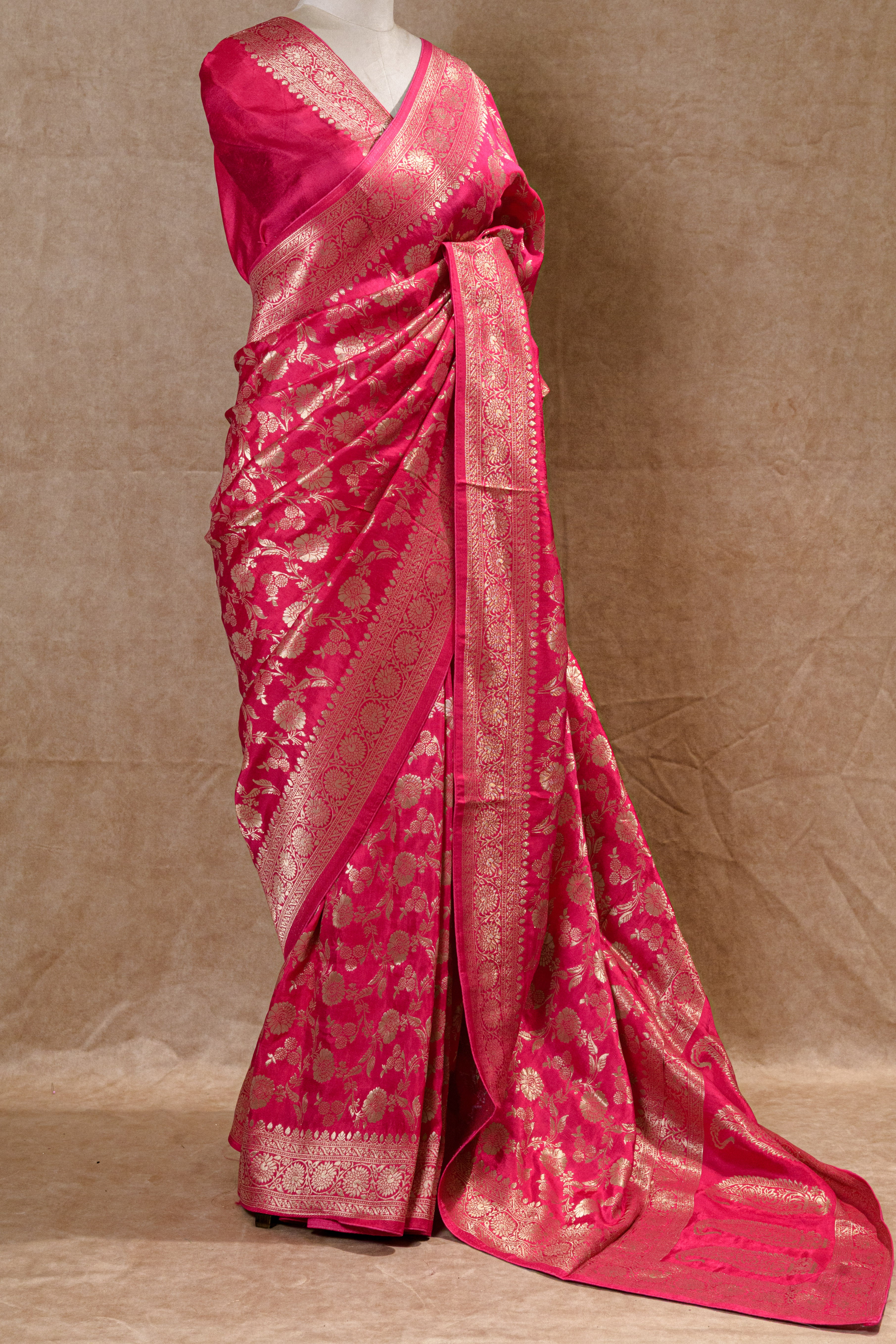 Rani Pink Banarasi Silk Saree with Golden Zari Border