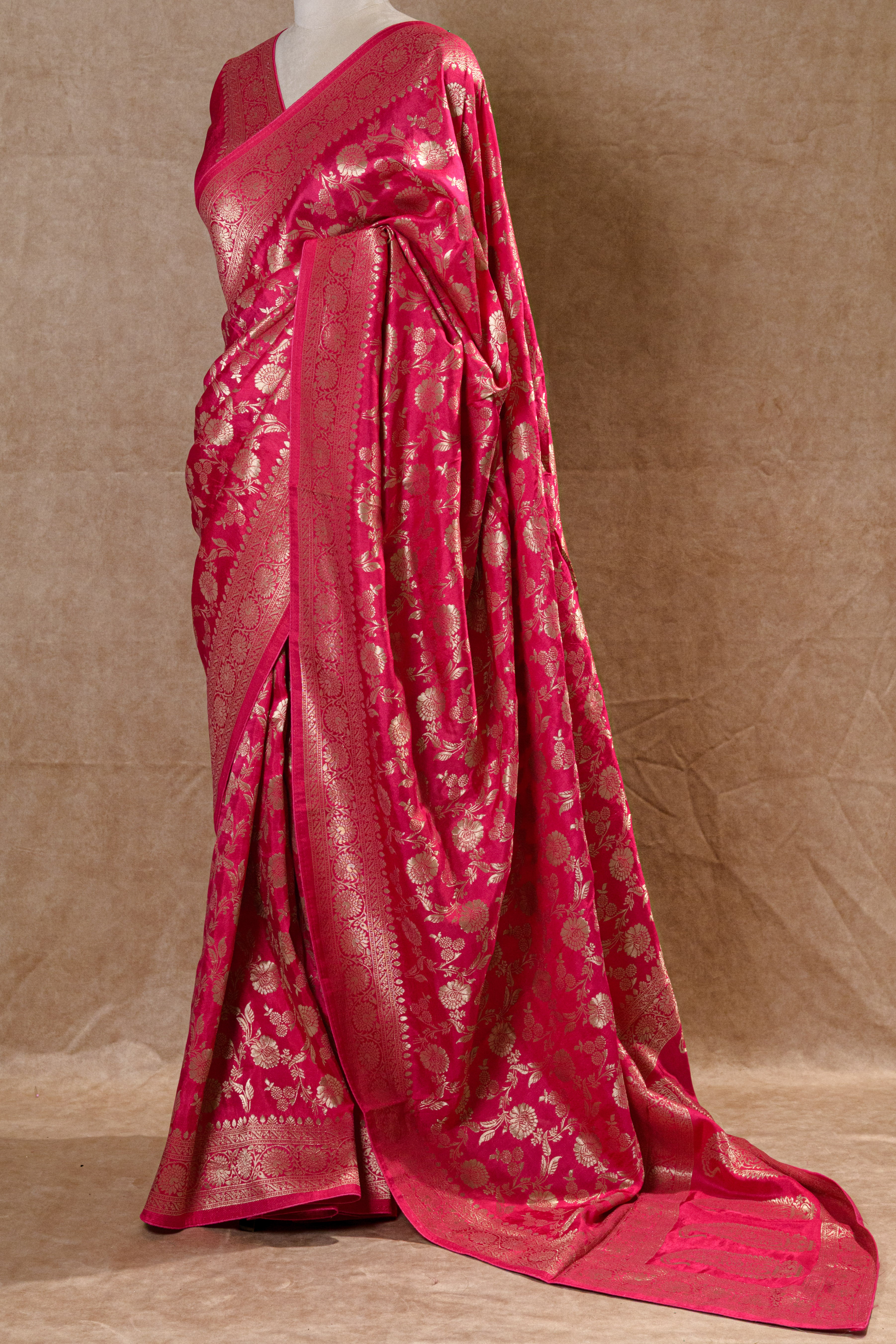 Rani Pink Banarasi Silk Saree with Golden Zari Border