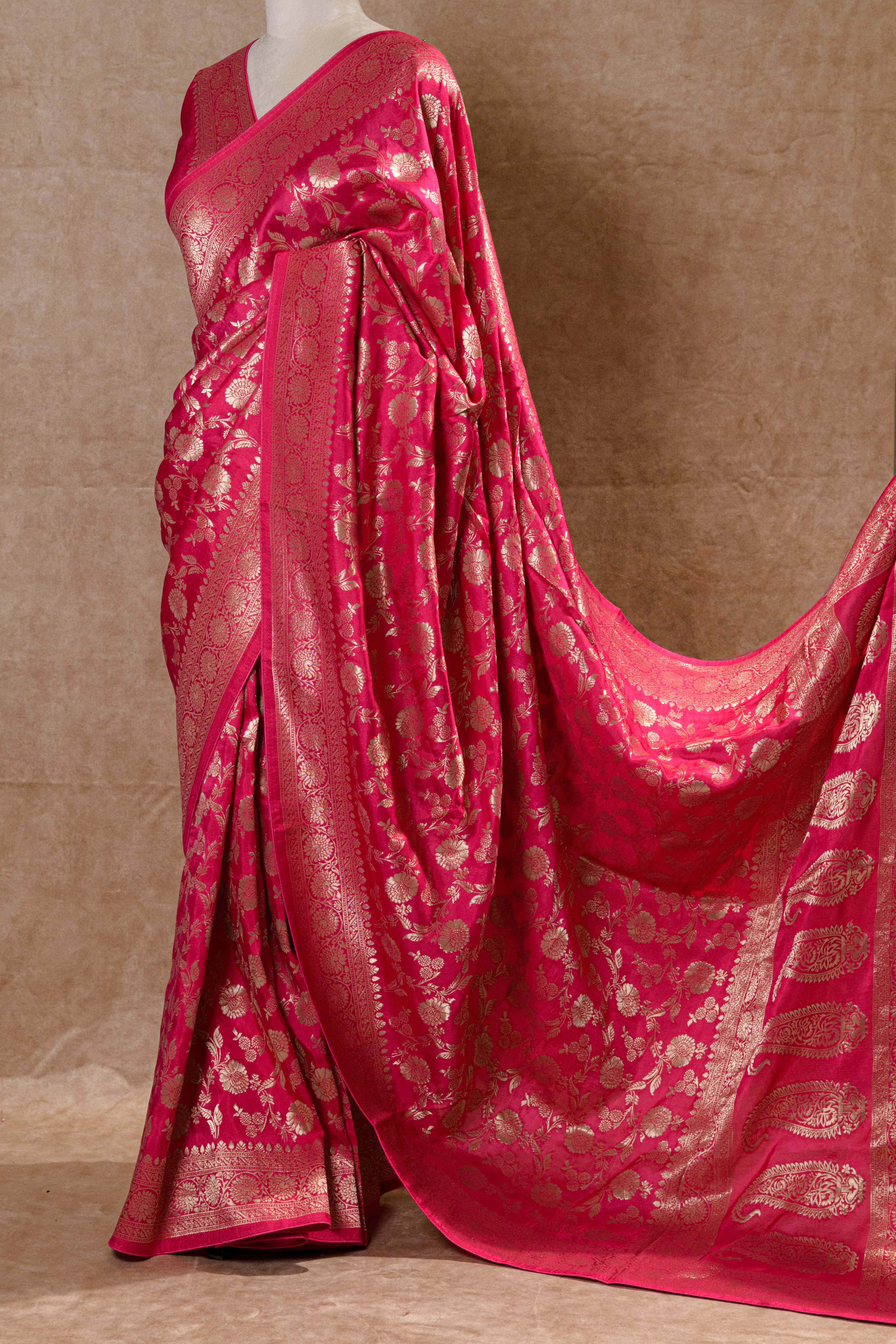 Rani Pink Banarasi Silk Saree with Golden Zari Border