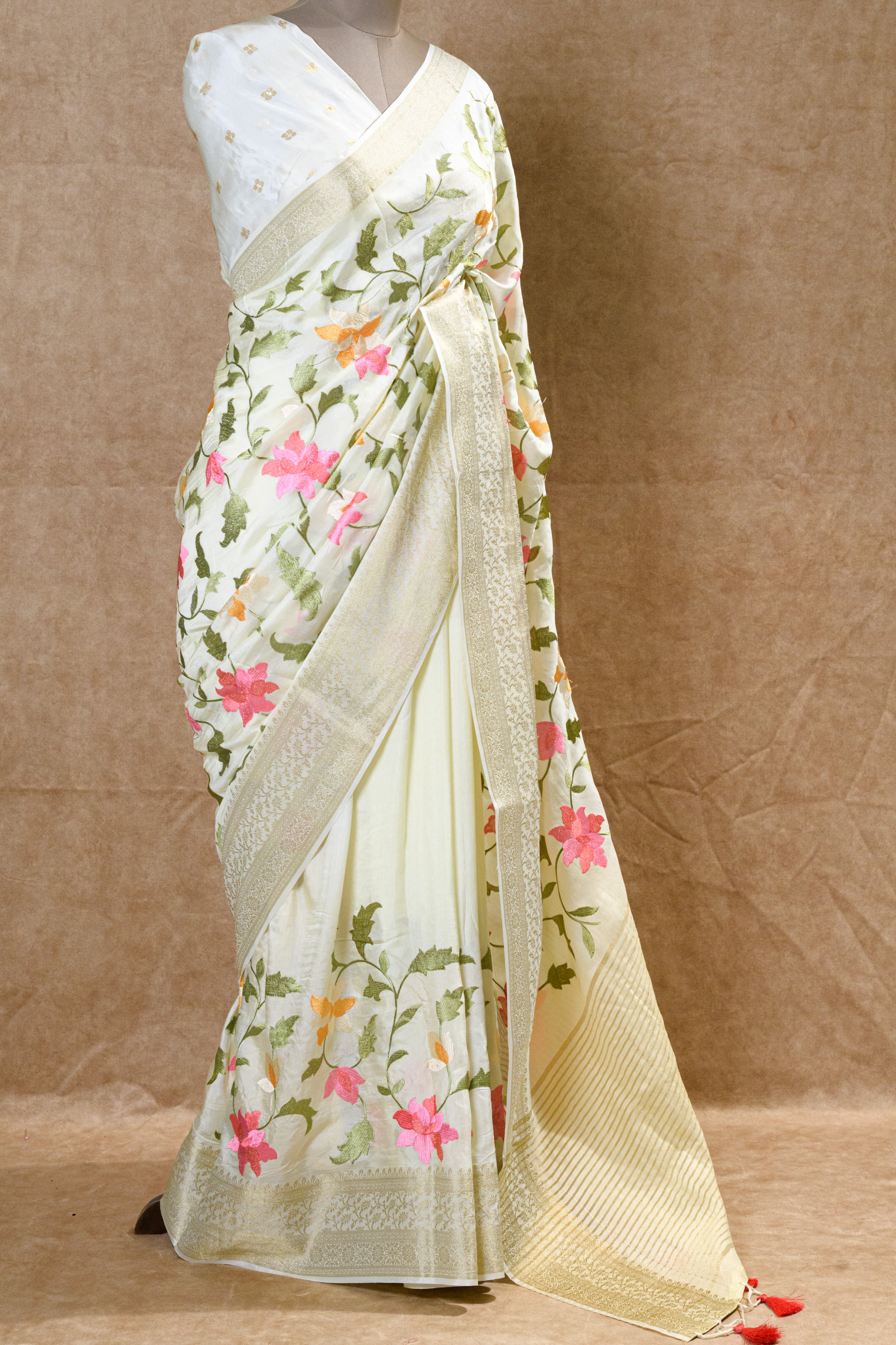 White Chanderi Silk Saree with Floral Design and Light Golden Zari Border