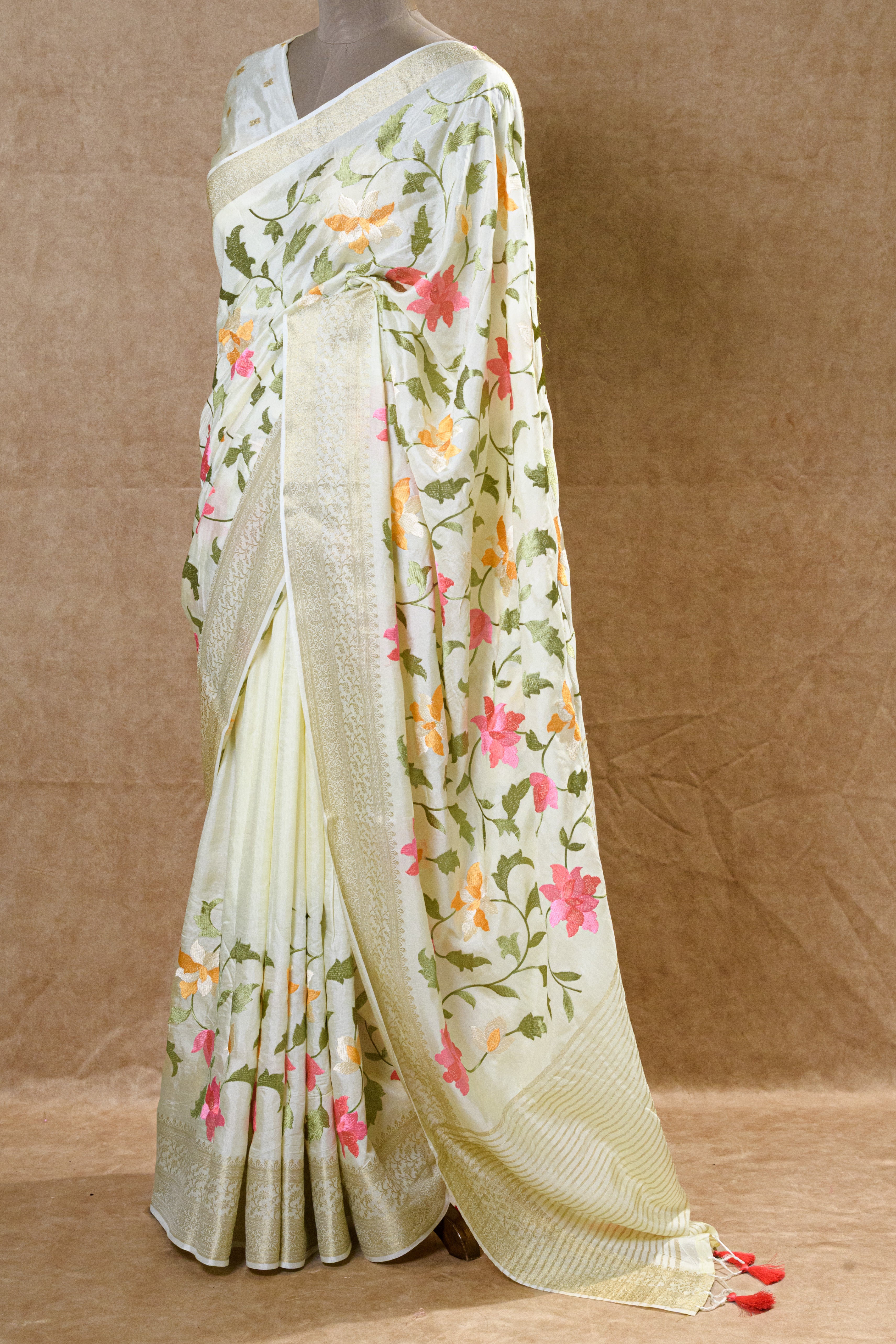 White Chanderi Silk Saree with Floral Design and Light Golden Zari Border