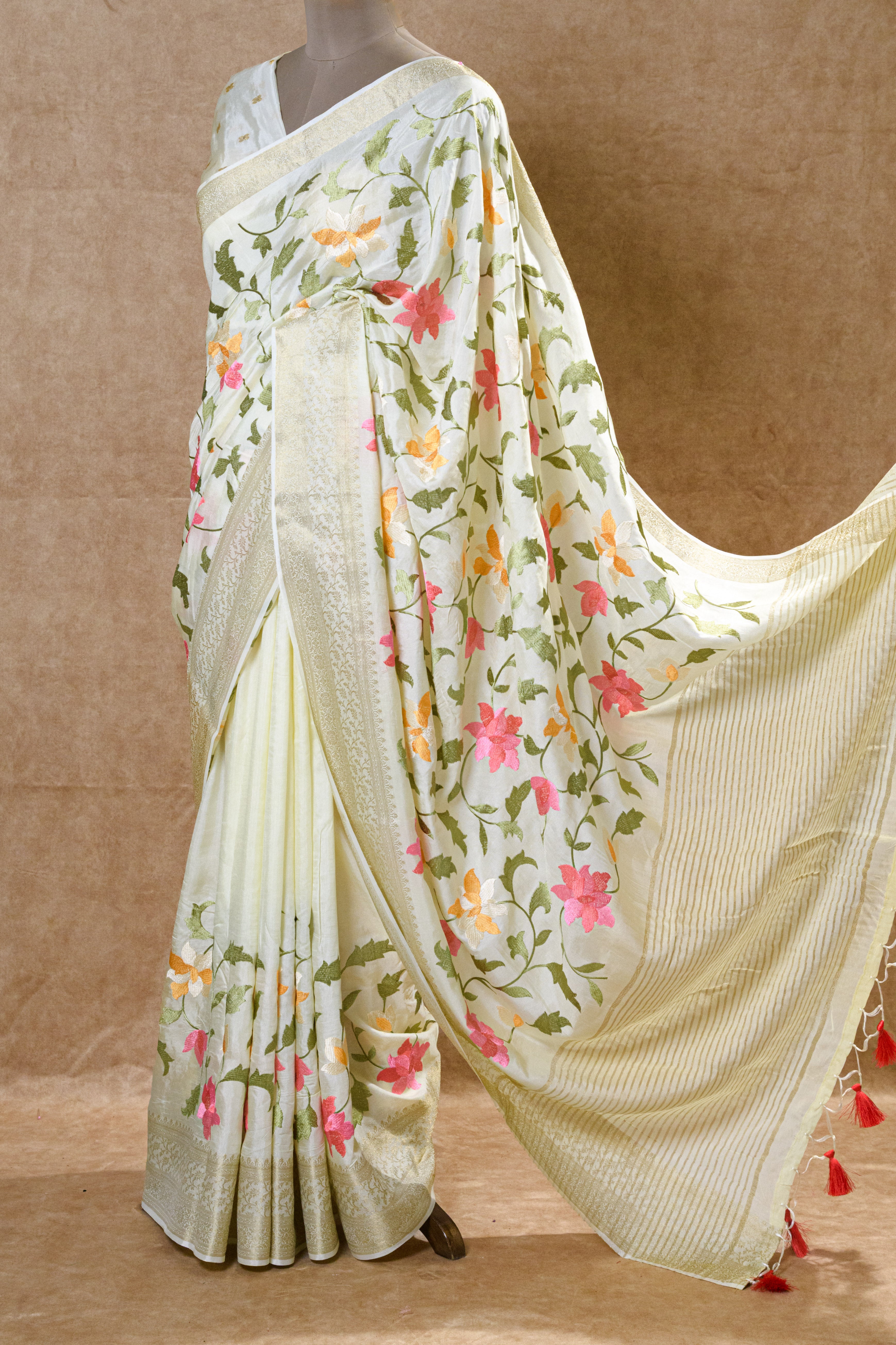 White Chanderi Silk Saree with Floral Design and Light Golden Zari Border