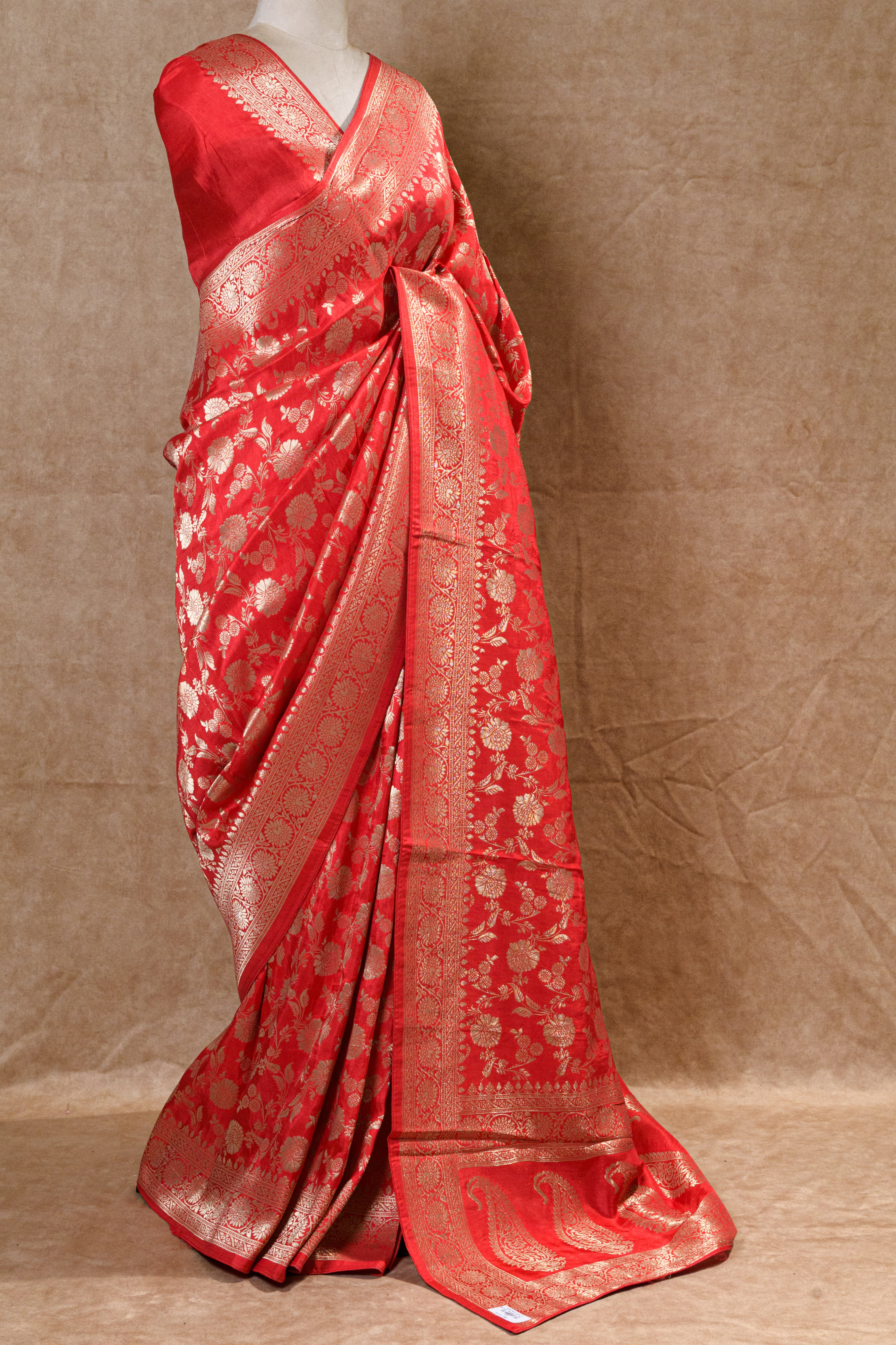 Red Banarasi Silk Saree with Golden Zari Border