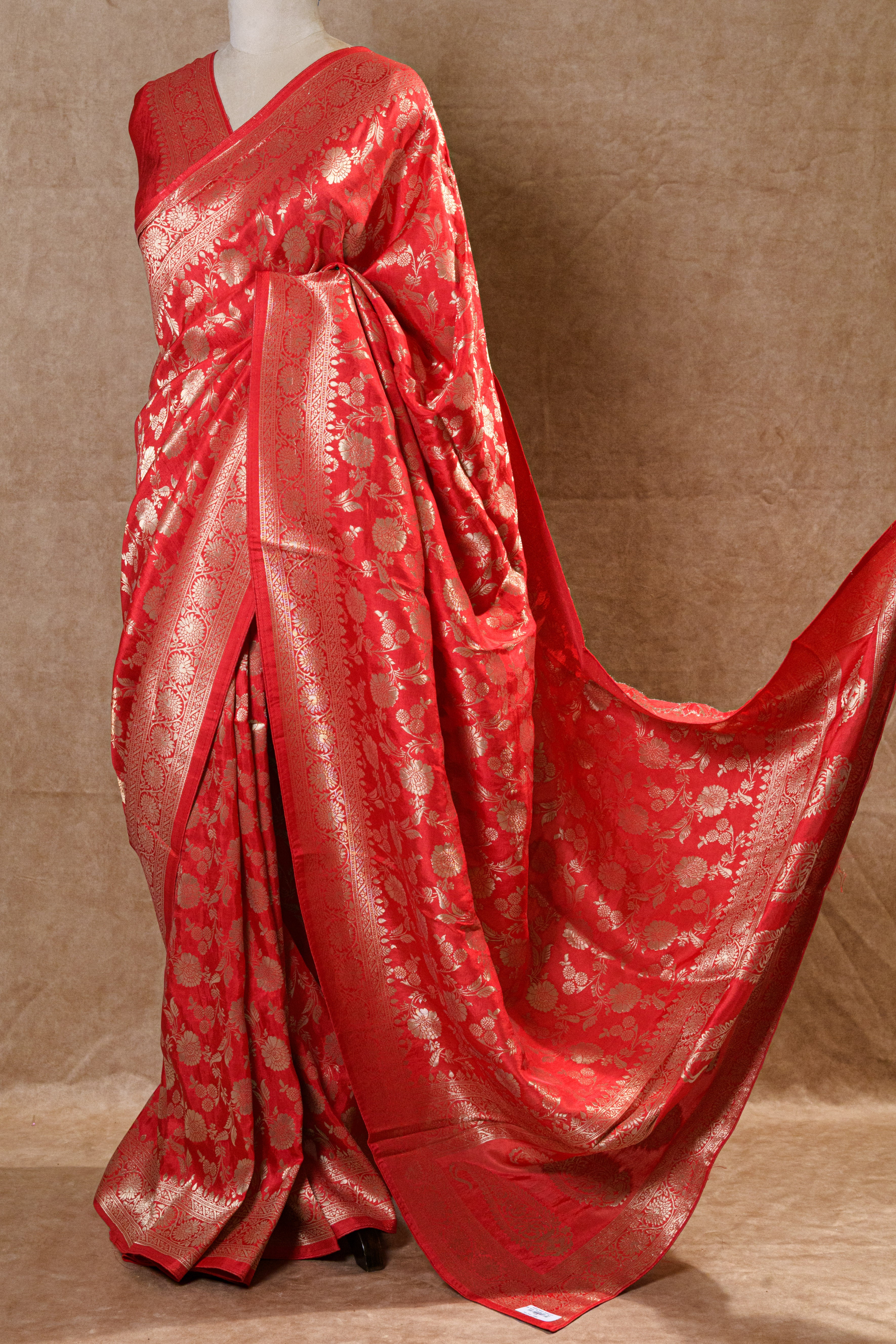 Red Banarasi Silk Saree with Golden Zari Border