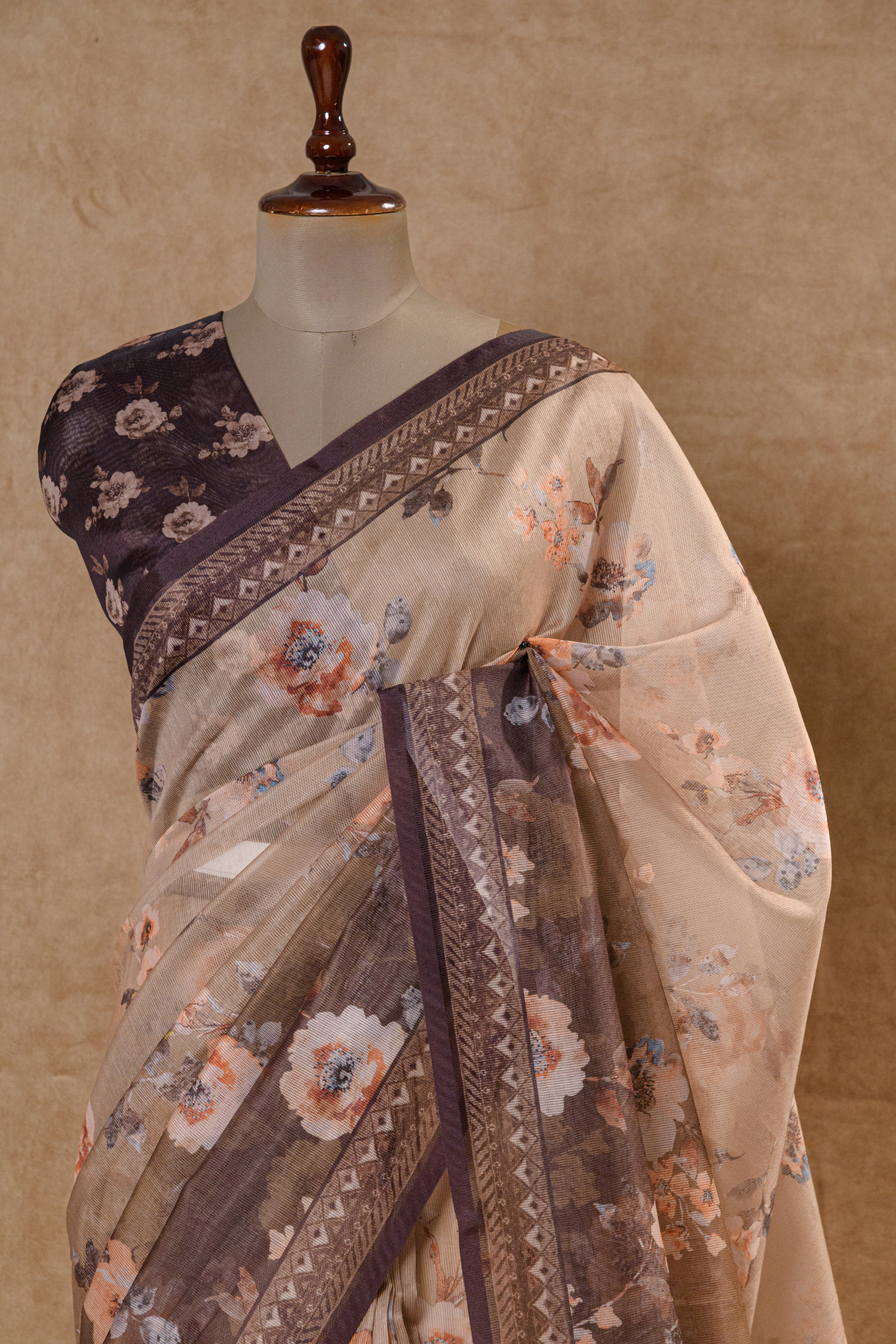 Brown Super Net Saree with Floral Blouse Piece