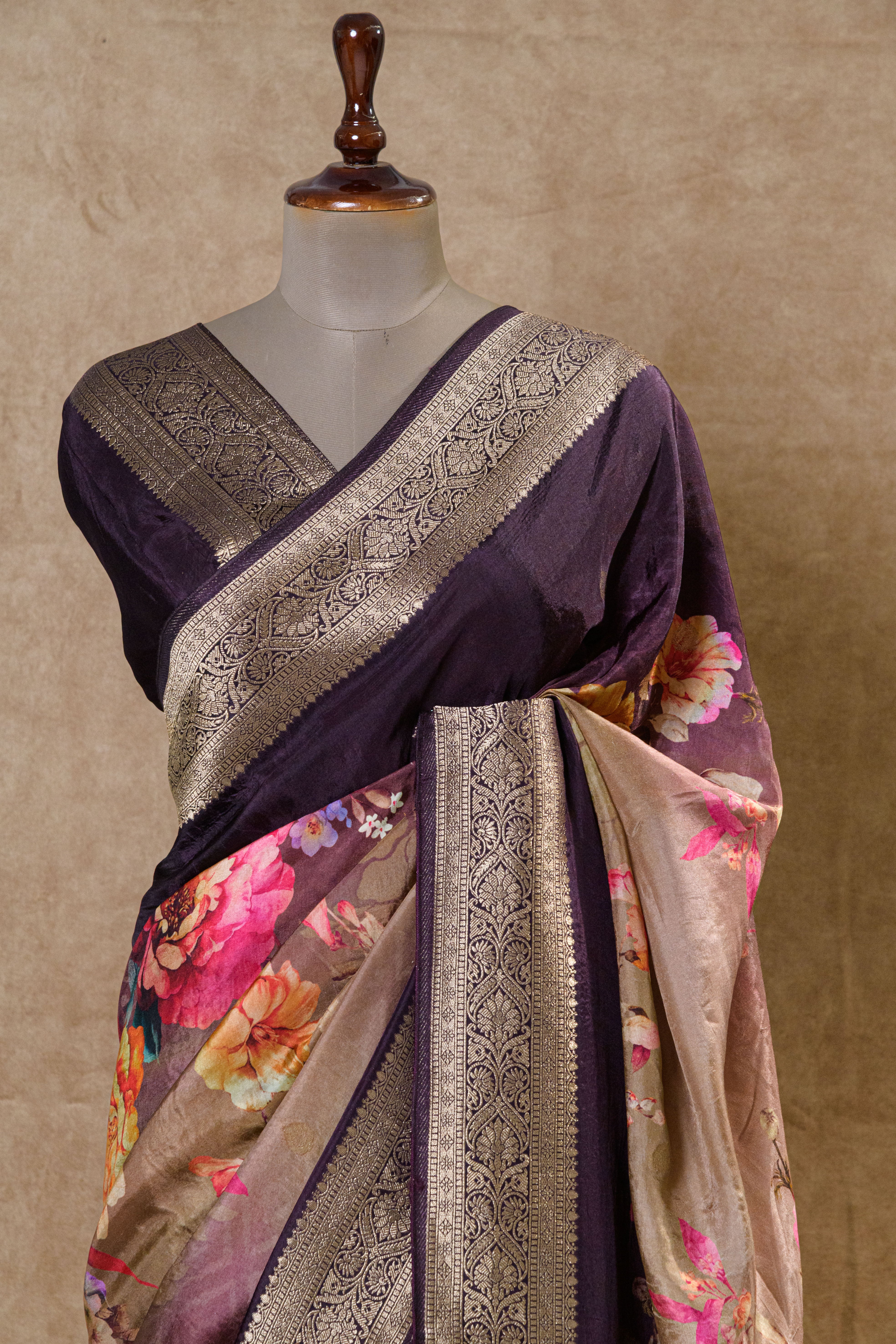 Coffee Color Chanderi Silk Saree with Digital Print and Zari Border