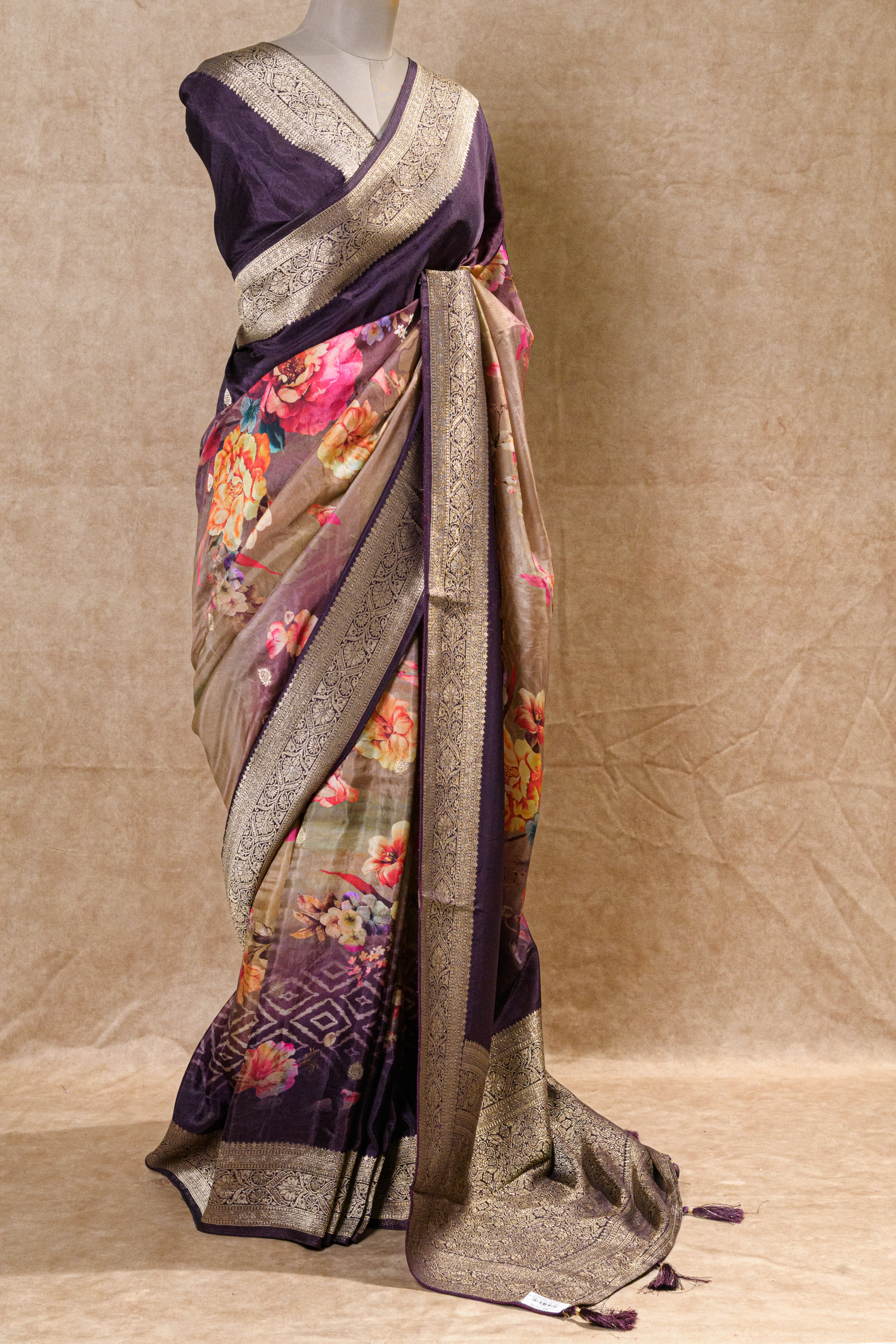 Coffee Color Chanderi Silk Saree with Digital Print and Zari Border