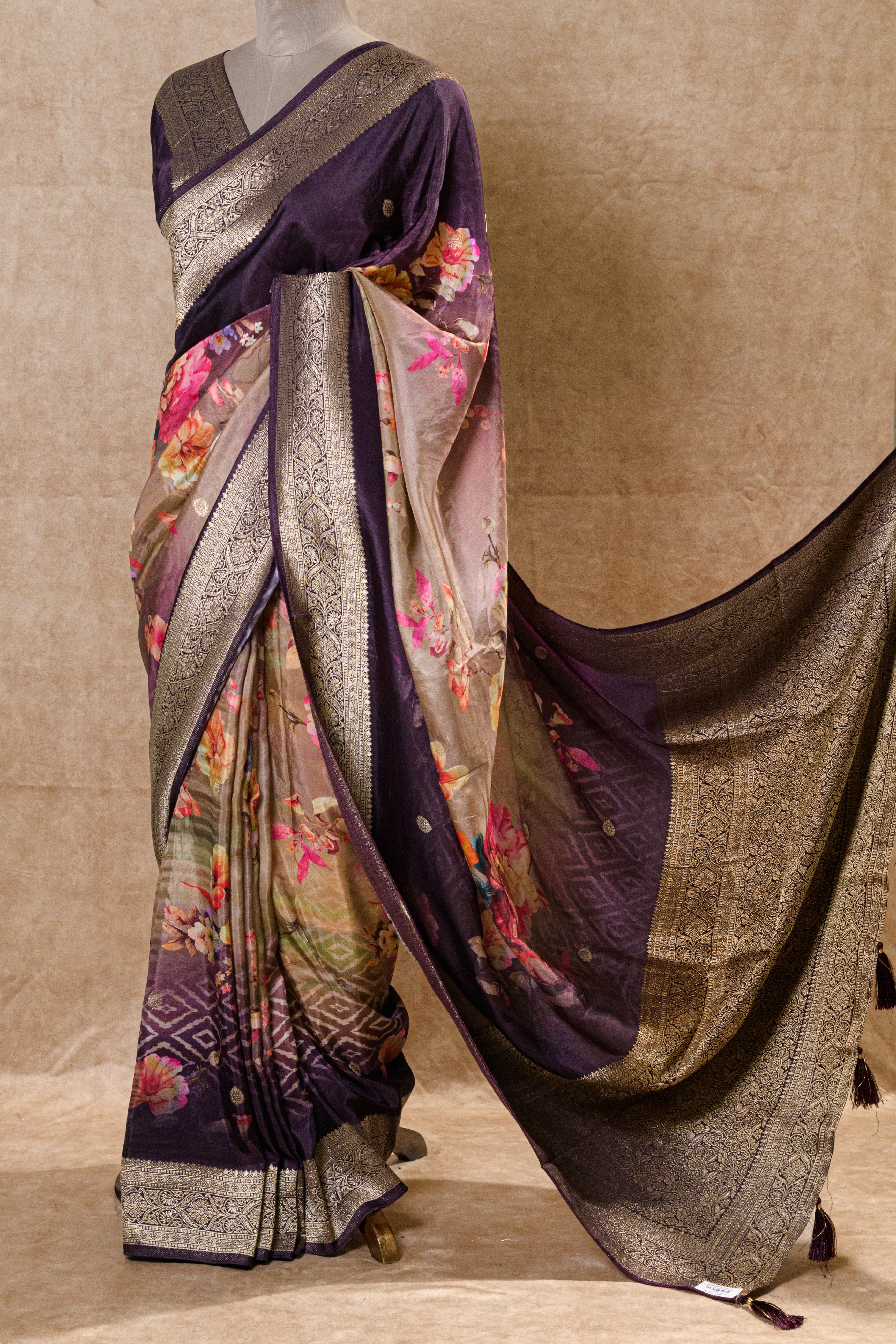 Coffee Color Chanderi Silk Saree with Digital Print and Zari Border